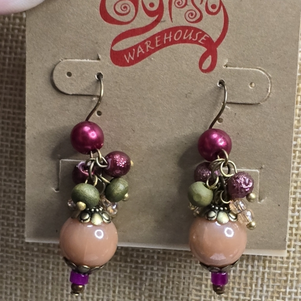 Treska Gypsy Beaded Cluster‎ Dangle Earrings Peach Burgundy Olive Boho NEW